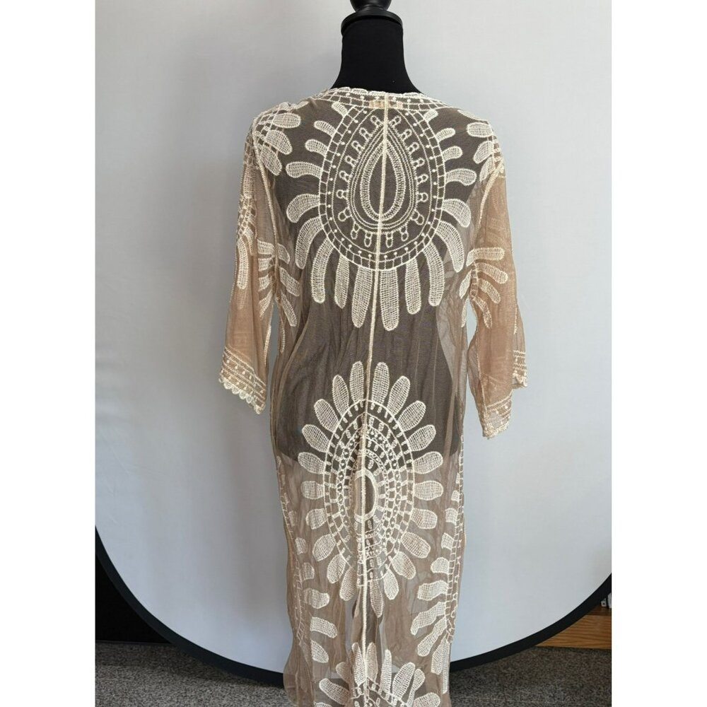 Beige Sheer Lace Duster With Intricate Embroidery Open Front Kimono Style Cover - Picture 7 of 7